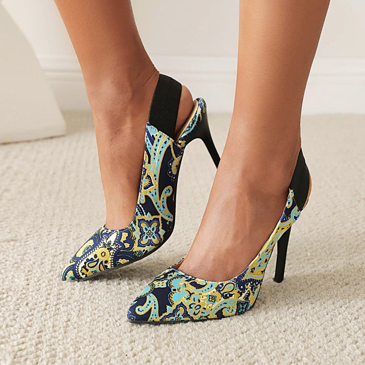 Women Printed Pointed Toe Slingbacks Stiletto High Heels Sandals