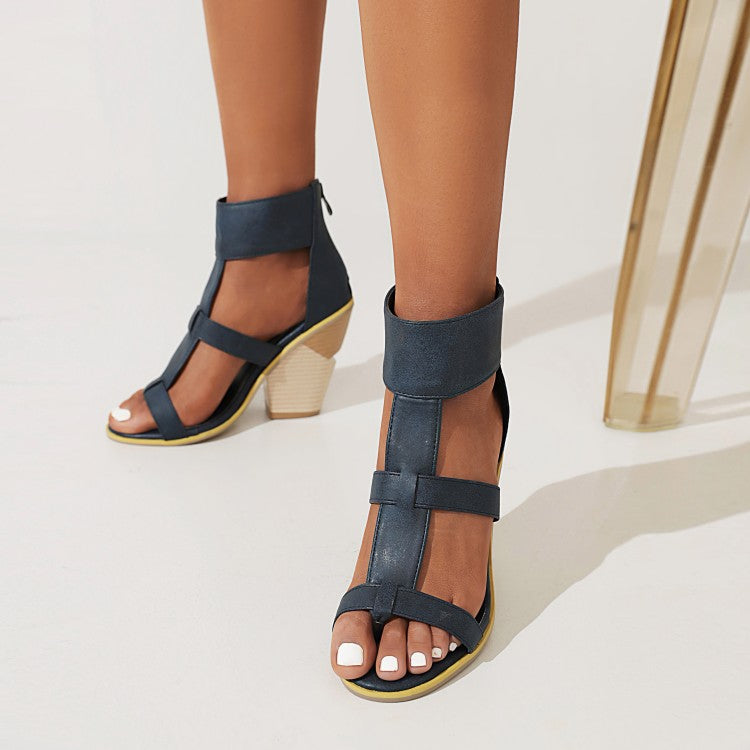 Women Roman Gladiator Cutout Back Zippers Cone Heel Sandals