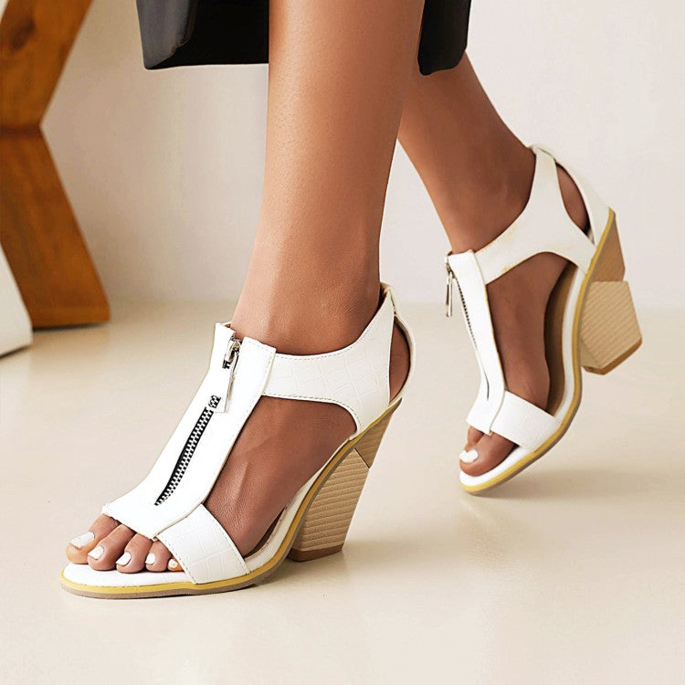 Women Open Toe Zippers Cutout Cone Heel Sandals