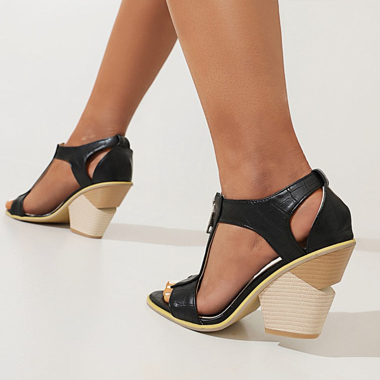 Women Open Toe Zippers Cutout Cone Heel Sandals