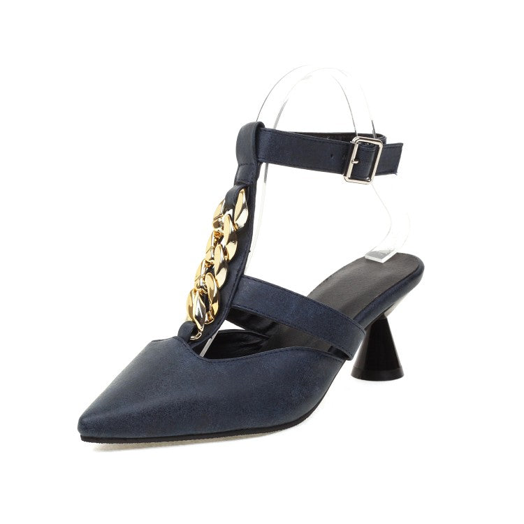 Women Metal Chains Pointed Toe Buckle Straps Spool Heel Sandals