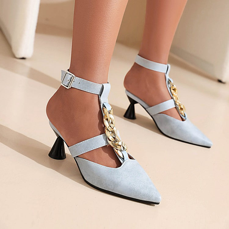 Women Metal Chains Pointed Toe Buckle Straps Spool Heel Sandals
