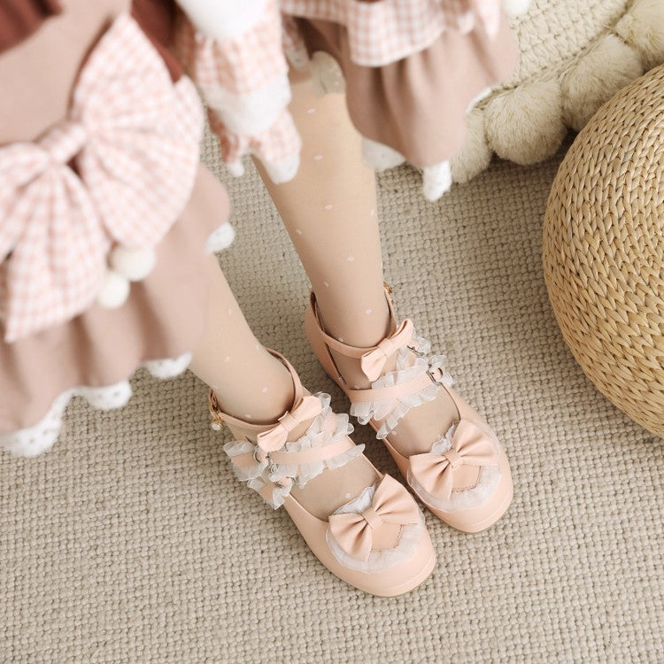 Women Round Toe Lace Bow Tie Chunky Heel Pumps