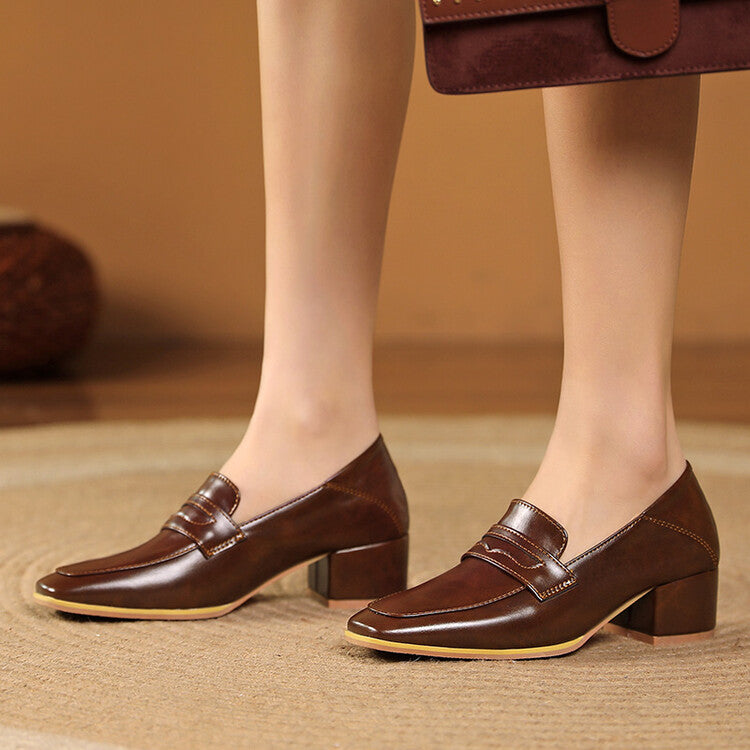 Women Square Toe Shallow Block Heel Slip-On Loafers Loafers