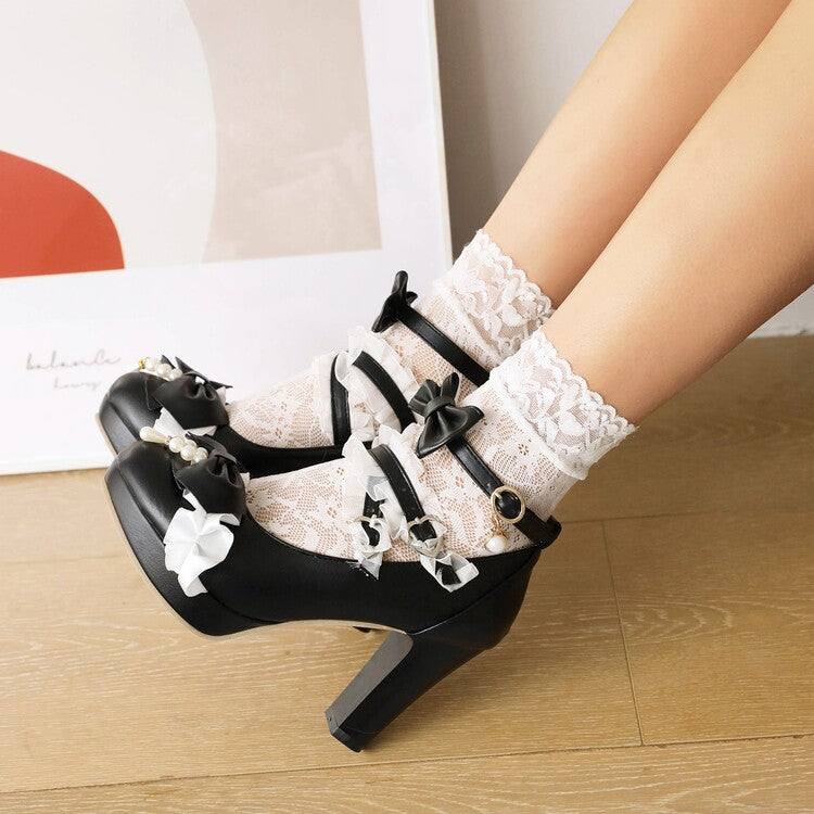 Women Lolita Almond Toe Lace Bow Tie Pearls Chunky Heel Platform Pumps