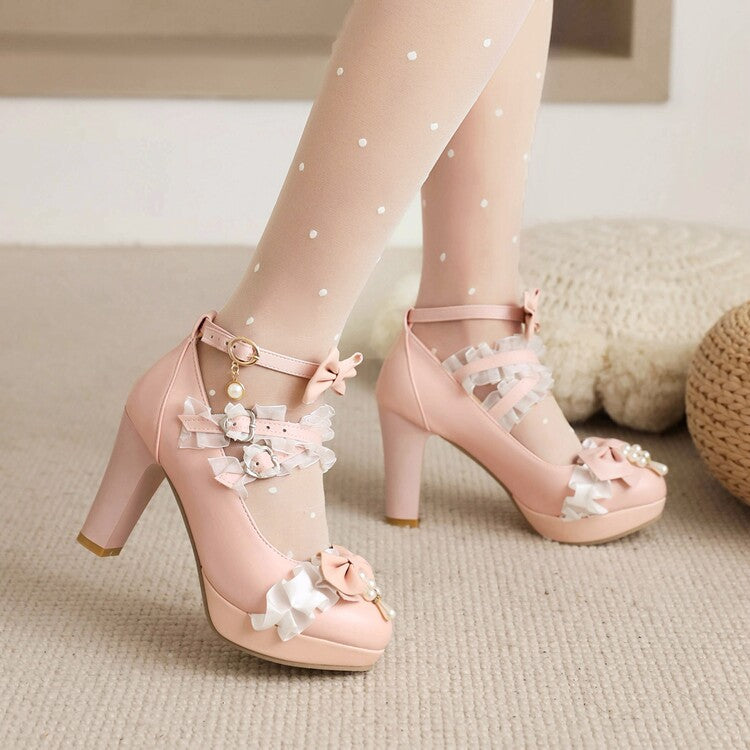 Women Lolita Almond Toe Lace Bow Tie Pearls Chunky Heel Platform Pumps
