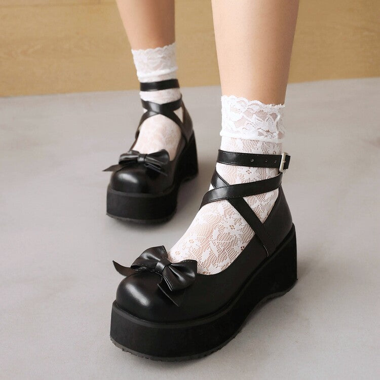 Women Lolita Bow Tie Buckle Ankle Strap Wedge Heel Platform Pumps