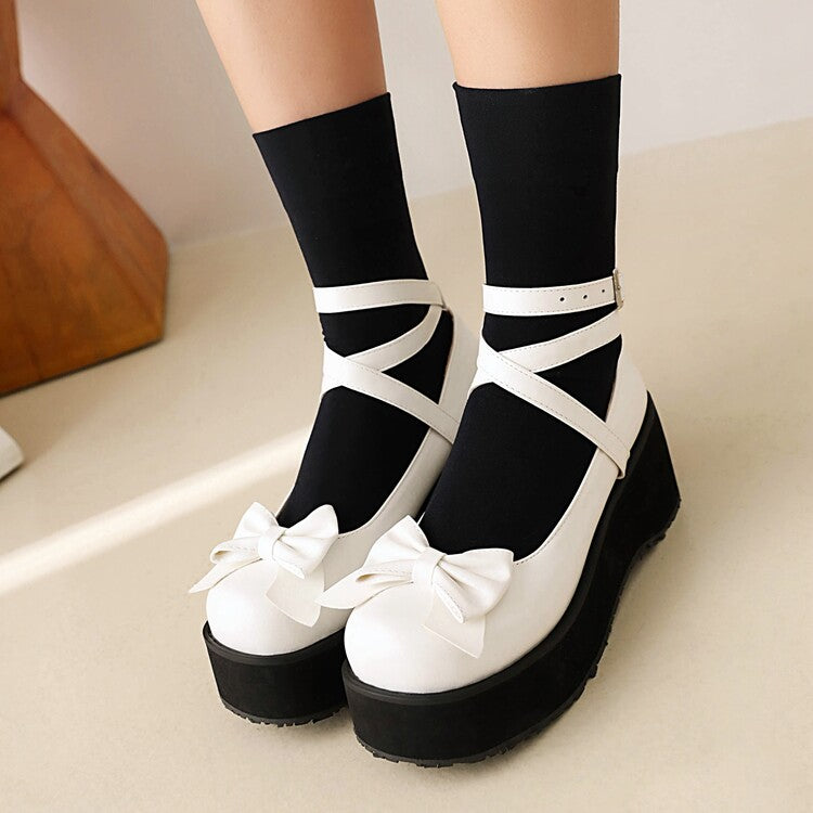 Women Lolita Bow Tie Buckle Ankle Strap Wedge Heel Platform Pumps