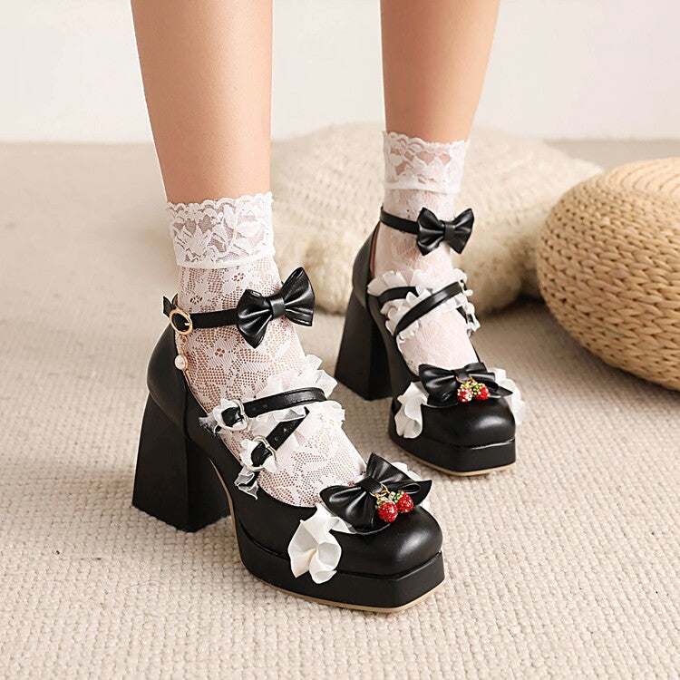 Women Lolita Square Toe Lace Bow Tie Chunky Heel Platform Pumps