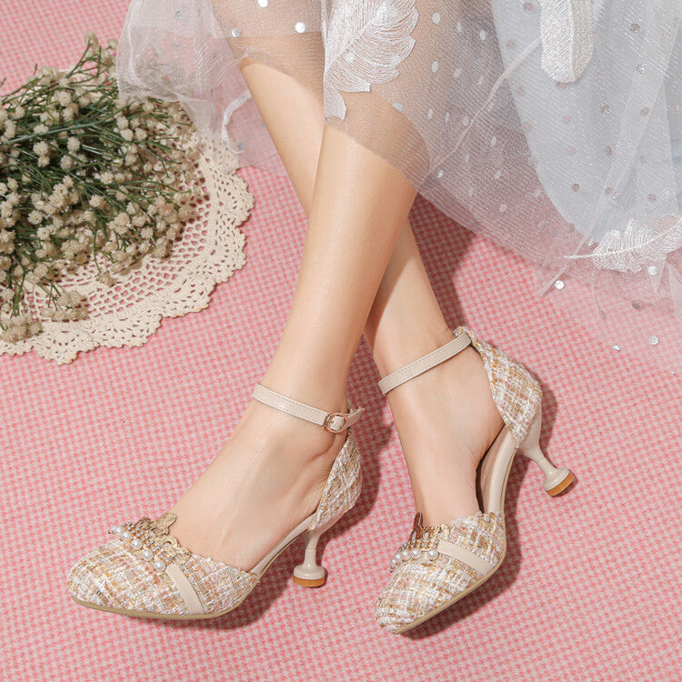 Women Pearls Ankle Strap High Heel Sandals