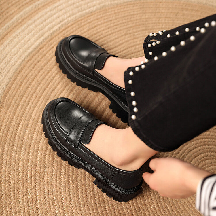 Women Round Toe Stitch Platform Slip-On Loafers