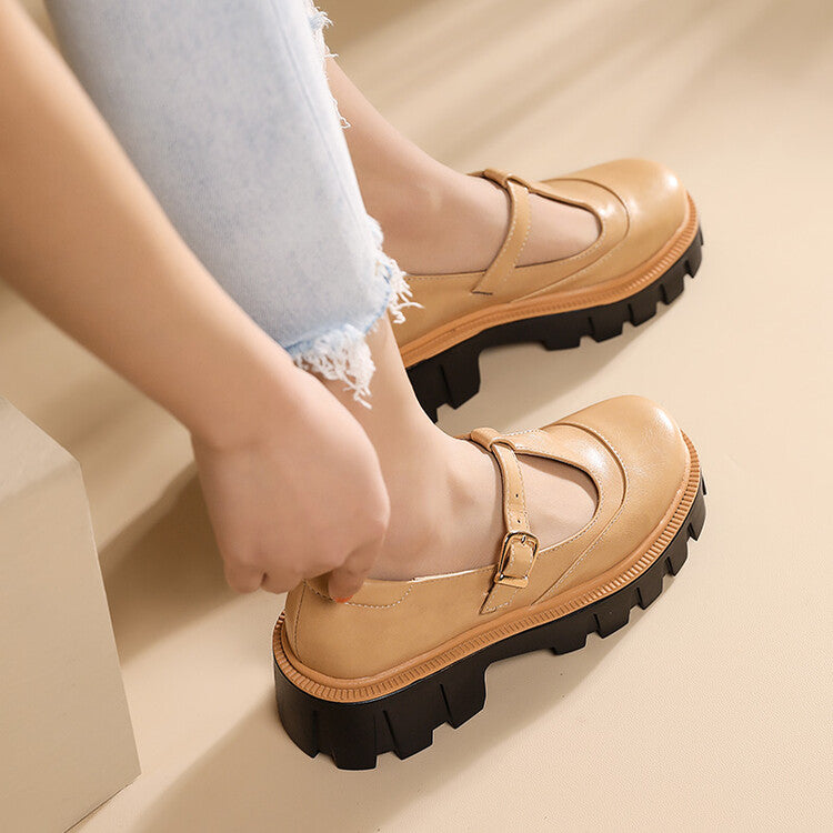 Women Square Toe T Strap Chunky Heel Platform Loafers