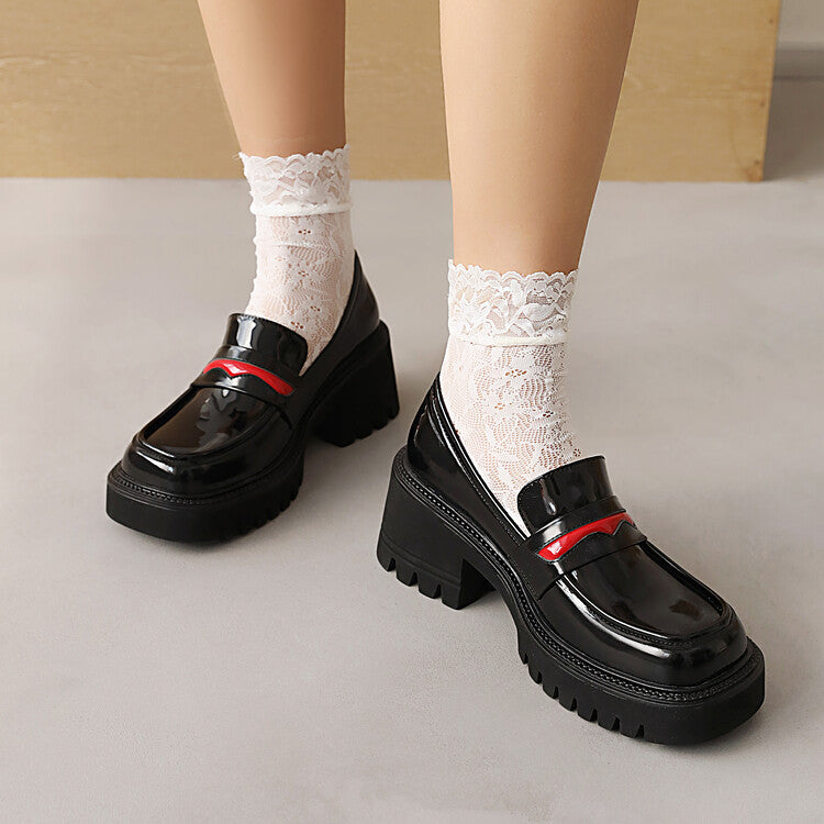 Women Square Toe Shallow Block Chunky Heel Platform Slip-On Loafers
