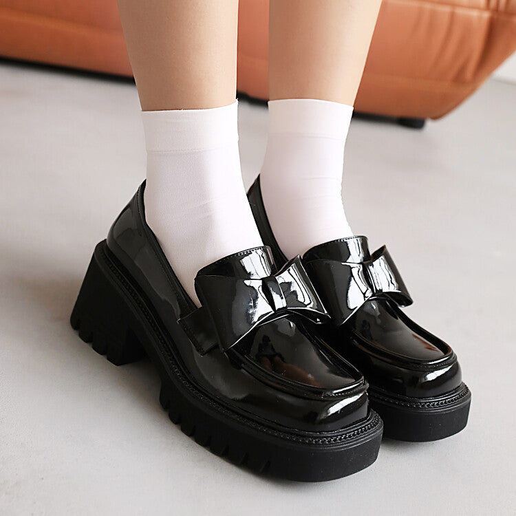Women Square Toe Bow Tie Shallow Block Chunky Heel Platform Loafers