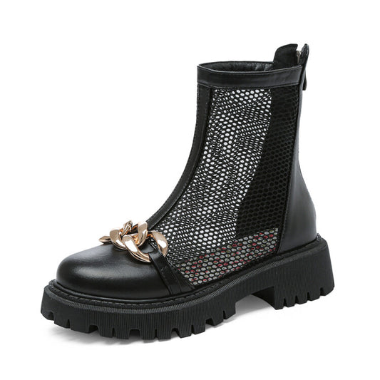 Women Pu Leather Round Toe Metal Chains Mesh Back Zippers Block Chunky Heel Platform Ankle Boots