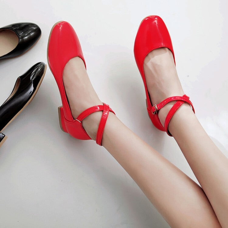 Women Glossy Shallow Ankle Strap Flat Pumps