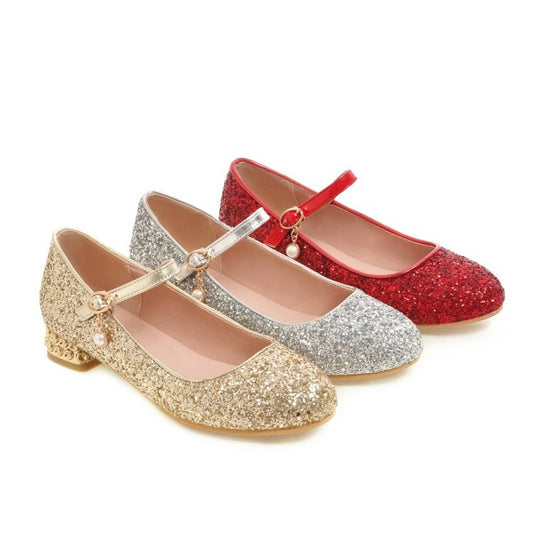 Women Sparkling Sequins Shallow Mary Janes Rhinestone Flat Pumps