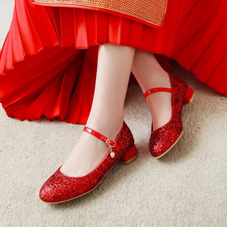 Women Sparkling Sequins Shallow Mary Janes Rhinestone Flat Pumps