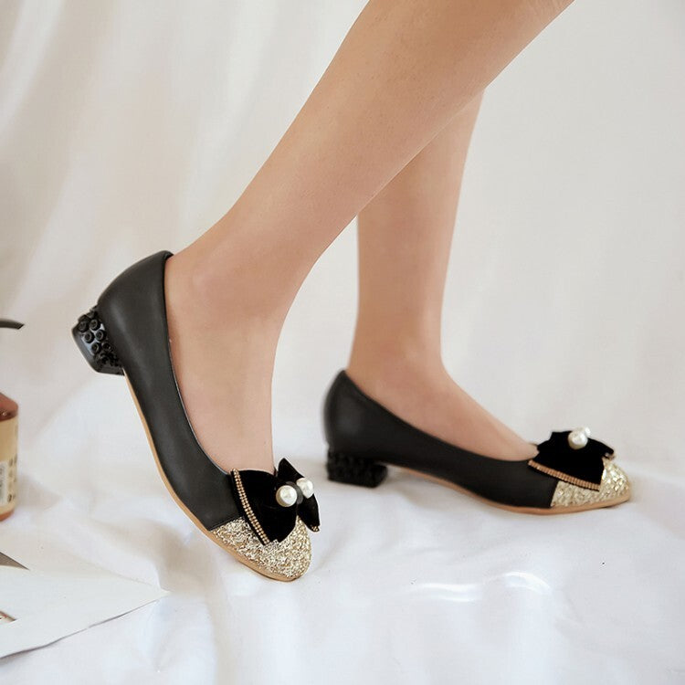 Women Sequins Pearls Bow Tie Shallow Flat Pumps