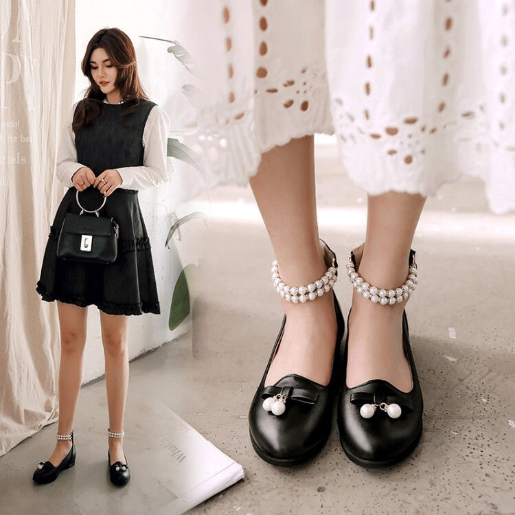 Women Round Toe Pearls Bow Tie Shallow Ankle Strap Rhinestone Flat Pumps
