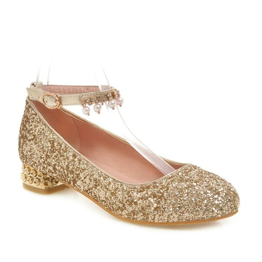 Women Sparkling Sequins Pearls Shallow Ankle Strap Flat Pumps