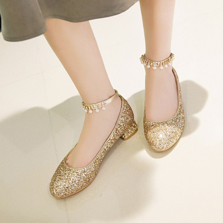Women Sparkling Sequins Pearls Shallow Ankle Strap Flat Pumps