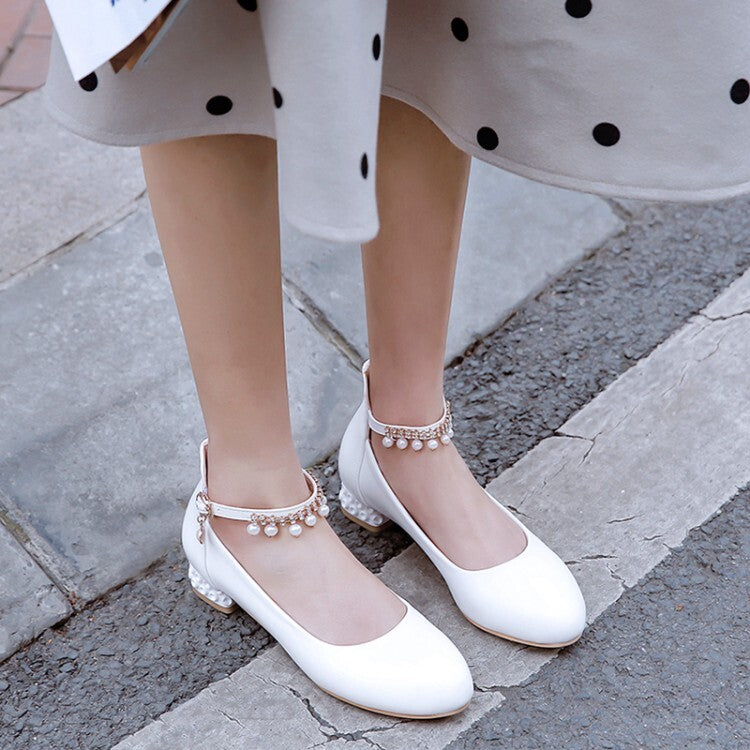 Women Round Toe Shallow Pearls Ankle Strap Flat Pumps
