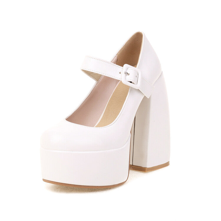 Women Solid Color Mary Janes Chunky Heel Platform Pumps