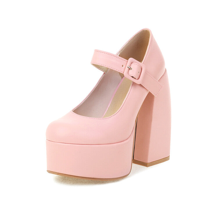 Women Solid Color Mary Janes Chunky Heel Platform Pumps