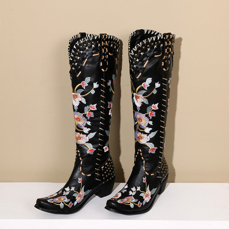 Women Flora Embroidery Puppy Heel Cowboy Knee High Boots