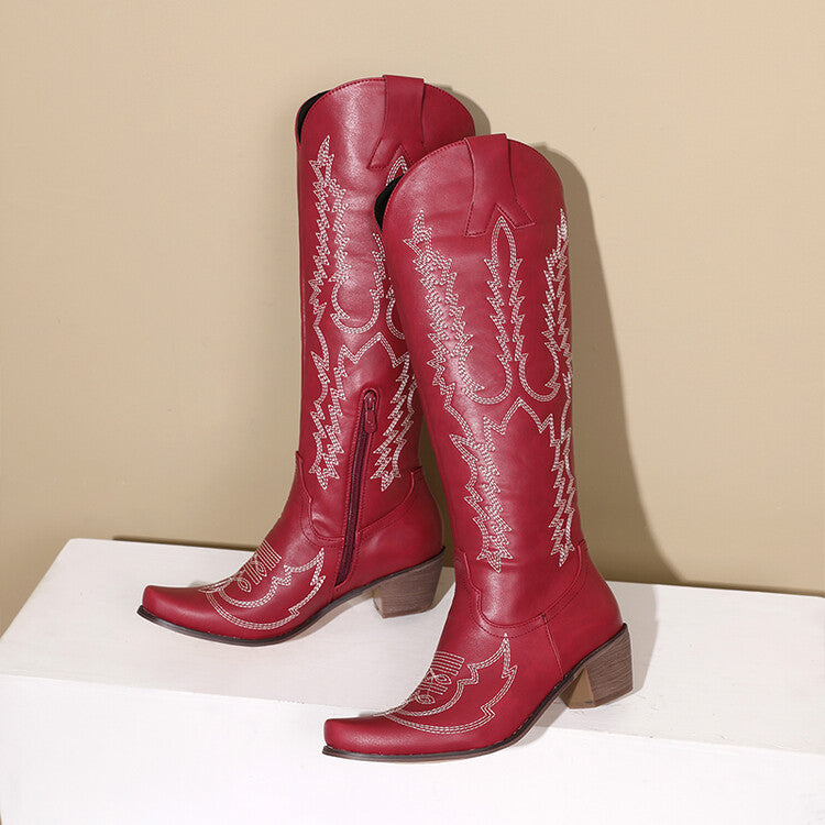 Women Embroidery Puppy Heel Cowboy Knee High Boots