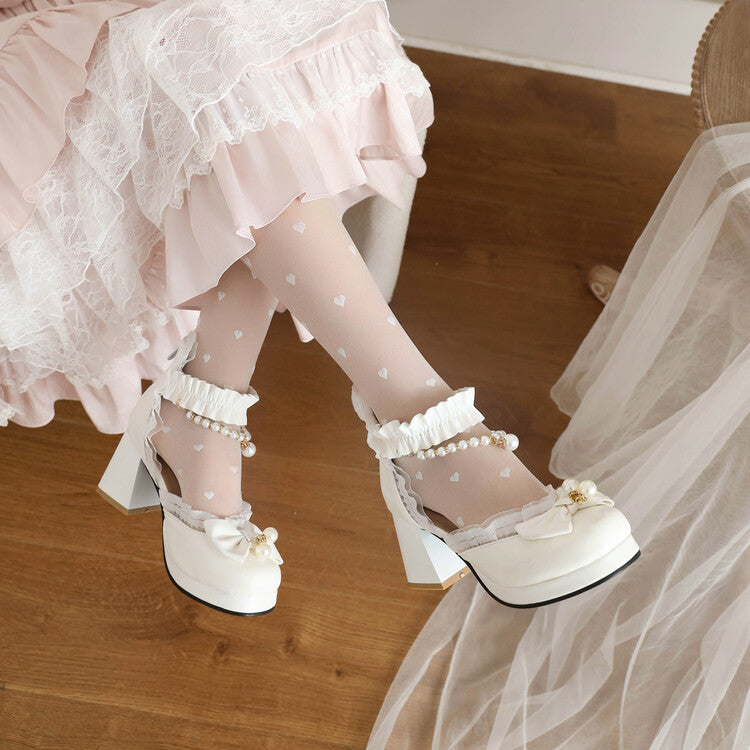Women Pearls Bow Tie Ankle Strap Block Heel Platform Sandals