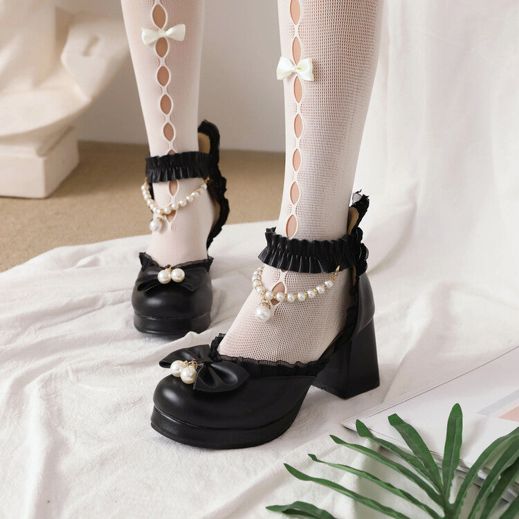 Women Pearls Bow Tie Ankle Strap Block Heel Platform Sandals