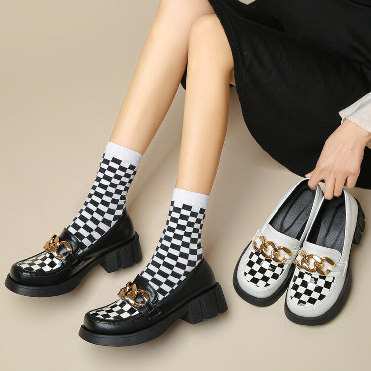 Women Square Toe Bicolor Chains Block Heel Loafers