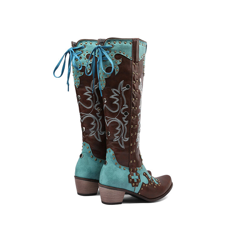 Women Embroidery Rivets Puppy Heel Knee High Boots