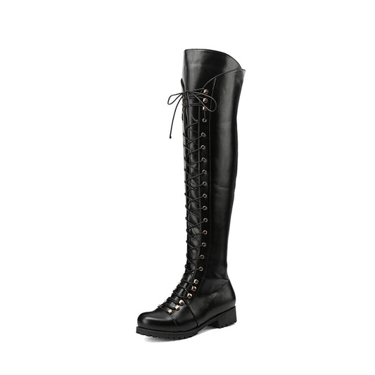 Women Lace Up Block Heel Riding Over the Knee Boots