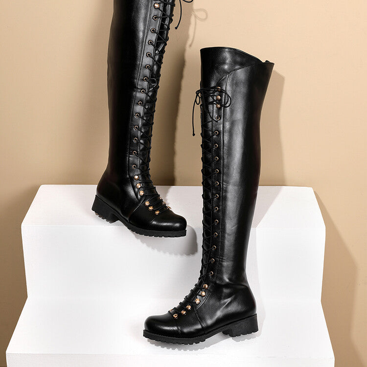 Women Lace Up Block Heel Riding Over the Knee Boots