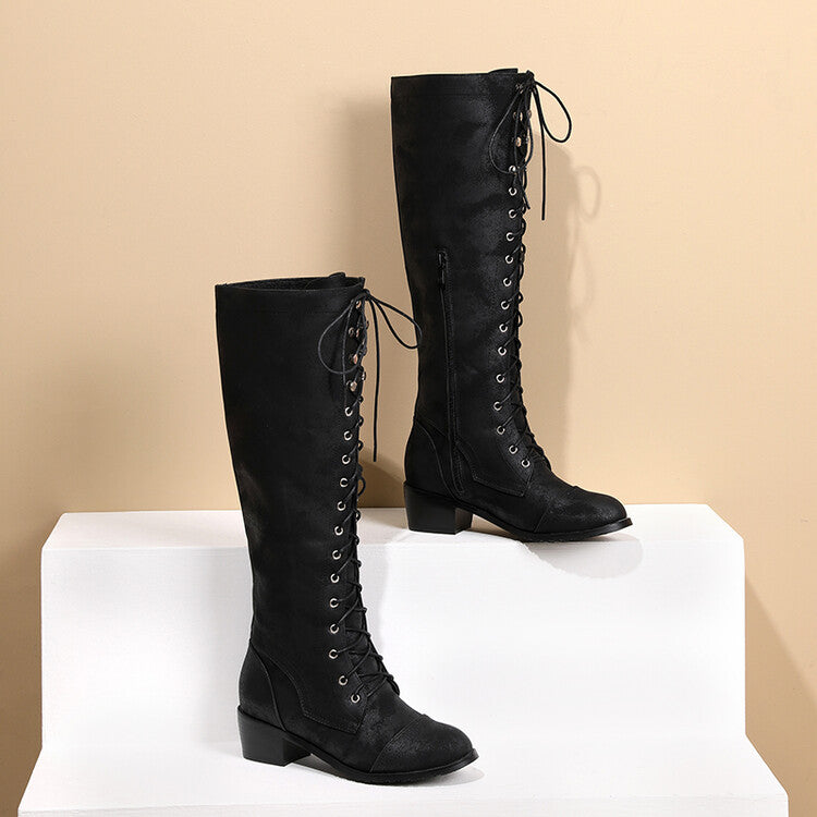 Women Lace Up Puppy Heel Knee High Boots