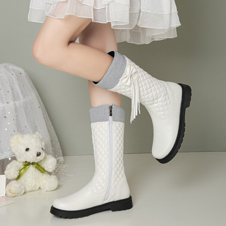 Women Lolita Pu Leather Round Toe Lattice Bow Tie Flat Platform Mid Calf Boots