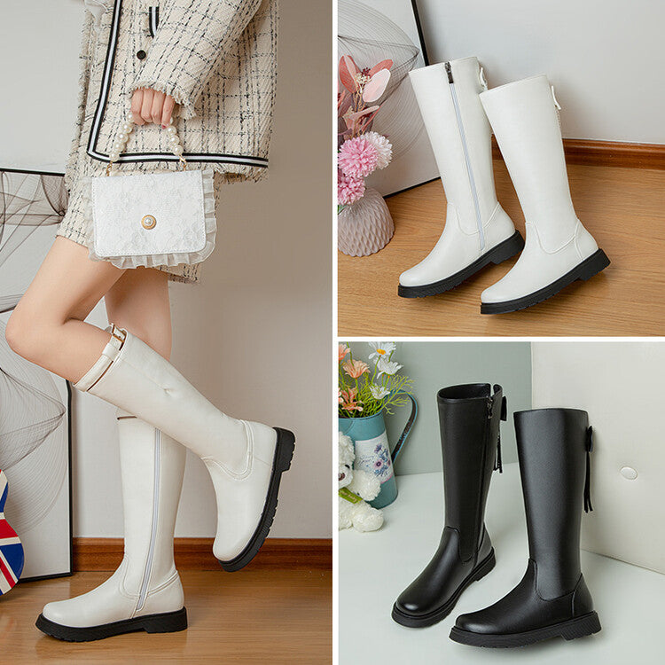 Women Pu Leather Round Toe Back Bow Tie Flat Platform Mid Calf Boots