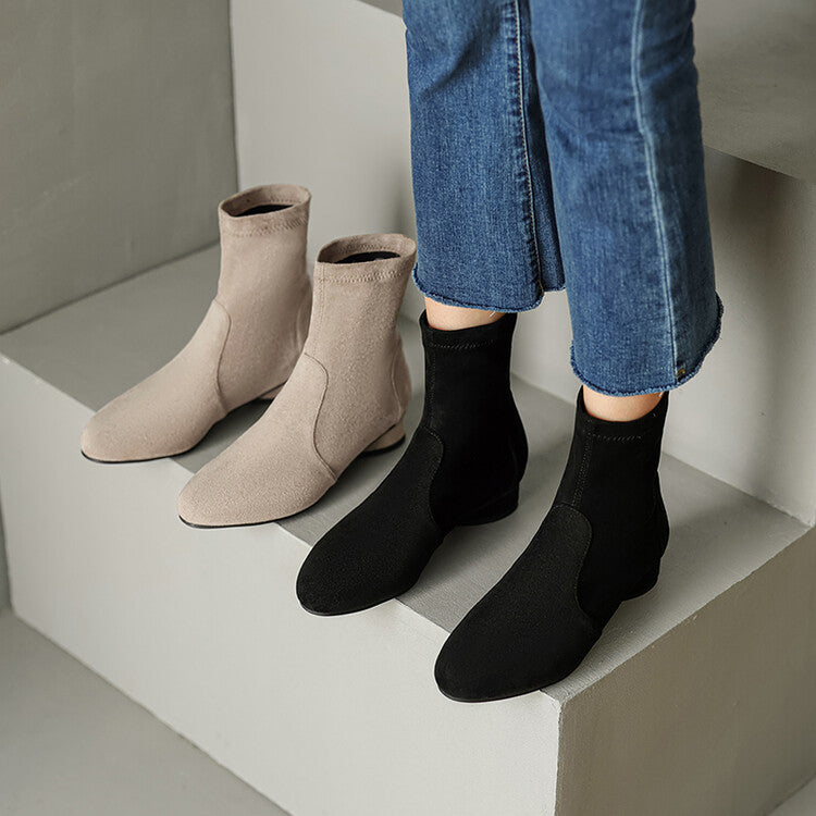 Women Plus Size Flock Stretch Round Toe Puppy Heel Ankle Boots