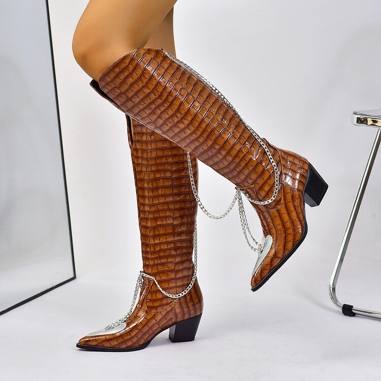 Women Crocodile Pattern Pointed Toe Metal Chains Knee High Boots