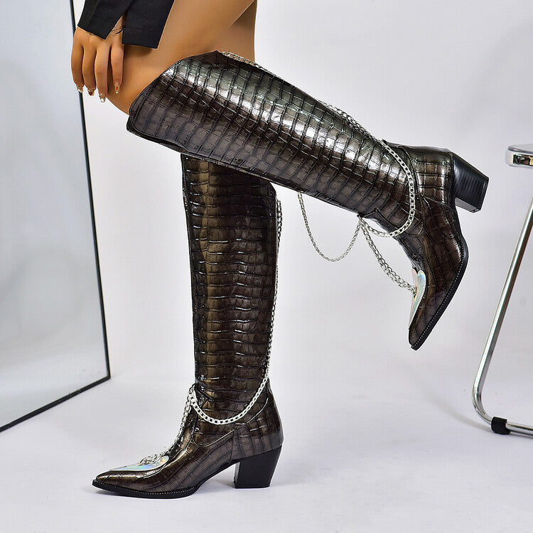 Women Crocodile Pattern Pointed Toe Metal Chains Knee High Boots
