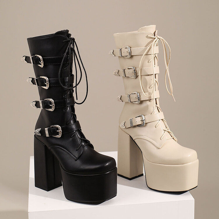 Women Pu Leather Square Toe Metal Buckle Straps Lace Up Block Chunky Heel Platform Mid-calf Boots