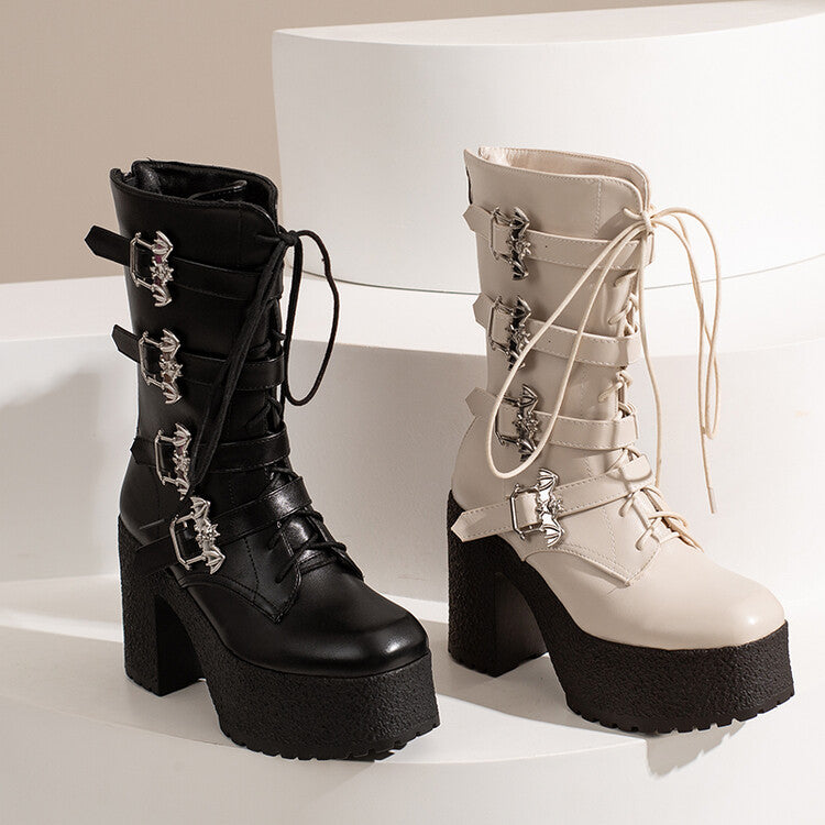 Women Pu Leather Round Toe Lace Up Buckle Straps Block Chunky Heel Platform Mid-calf Boots