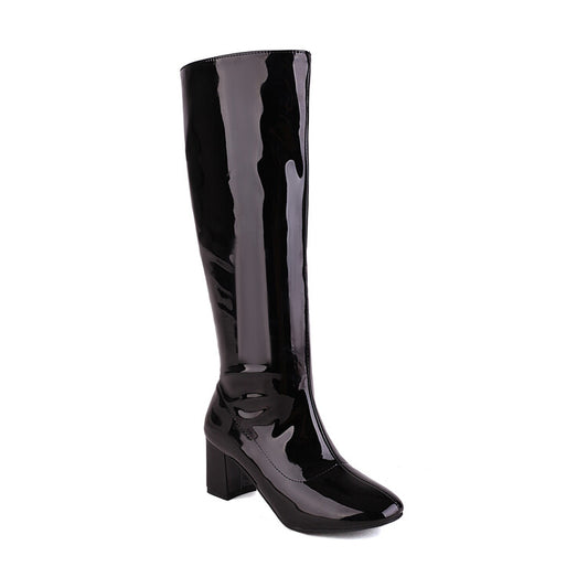 Women Glossy Round Toe Side Zippers Block Chunky Heel Knee High Boots