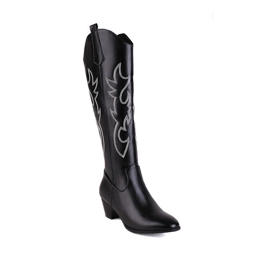 Women Embroidery Side Zippers Puppy Heel Cowboy Knee High Boots