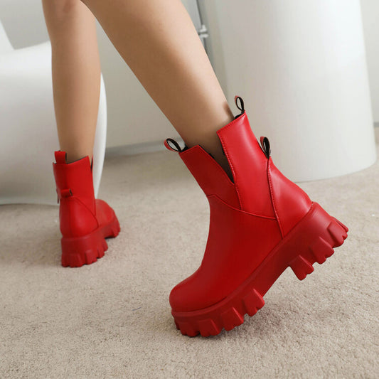 Women Round Toe Side Zippers Block Chunky Heel Platform Short Boots
