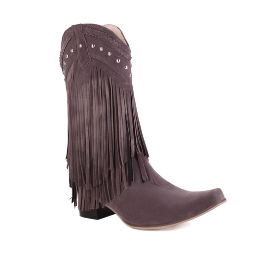 Women Pointed Toe Rivets Tassel Block Heel Cowboy Mid-Calf Boots
