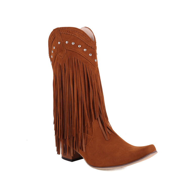 Women Pointed Toe Rivets Tassel Block Heel Cowboy Mid-Calf Boots